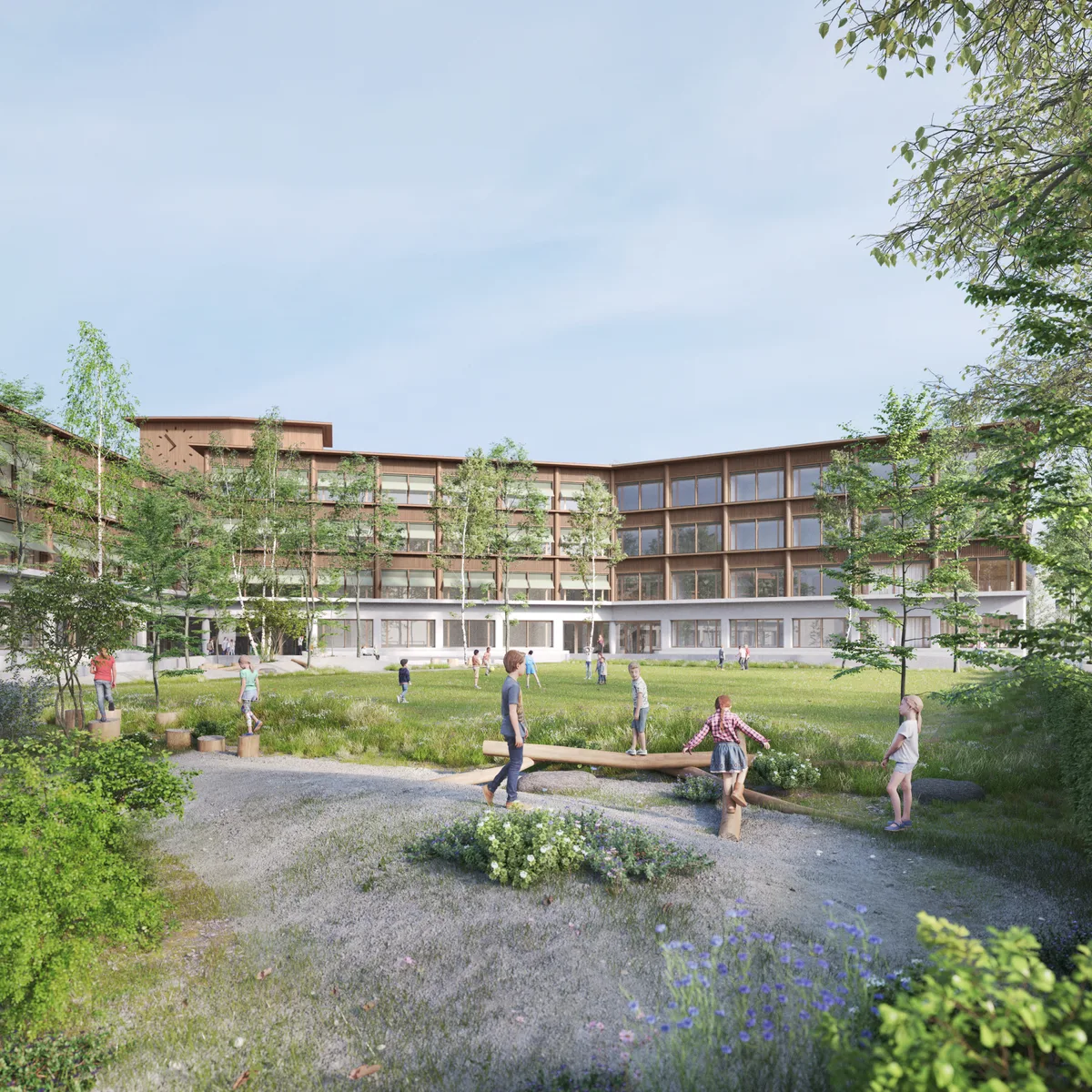 Die Aussenbereiche des Schulhauses sollen möglichst naturnah angelegt werden. Visualisierung eines Schulhauses mit grüner Wiese.